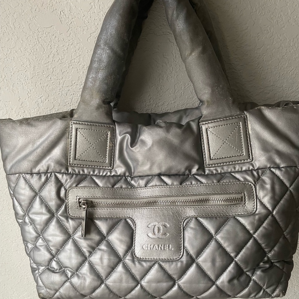 Auth CHANEL Coco Cocoon PM Silver Nylon Leather Tote Bag